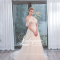 Light champagne Off-Shoulder Wedding Dress Bridal Gown with Appliques and Handmade Flower 2020 Luxury Wedding Dress for Ladies